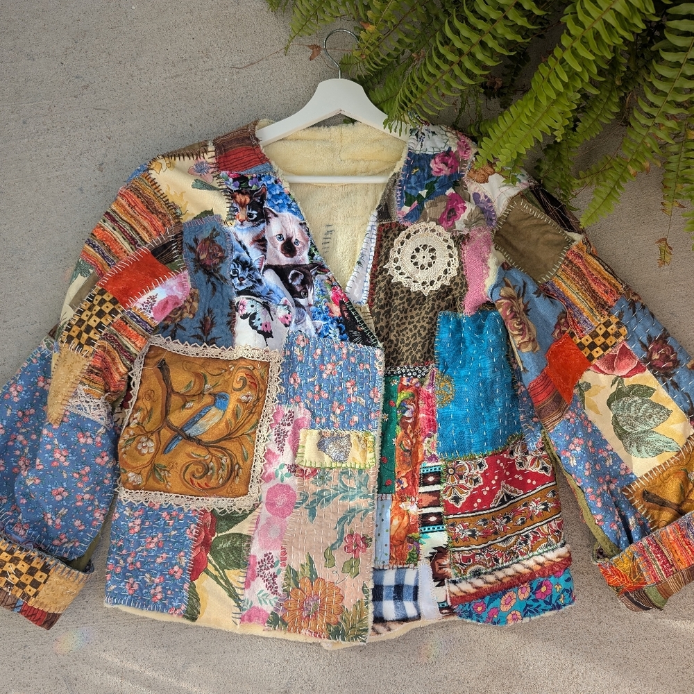 Handmade Boho Hippie Handstitched Patchwork Jacket Upcycled Appliqué Oversized - Picture 9 of 14